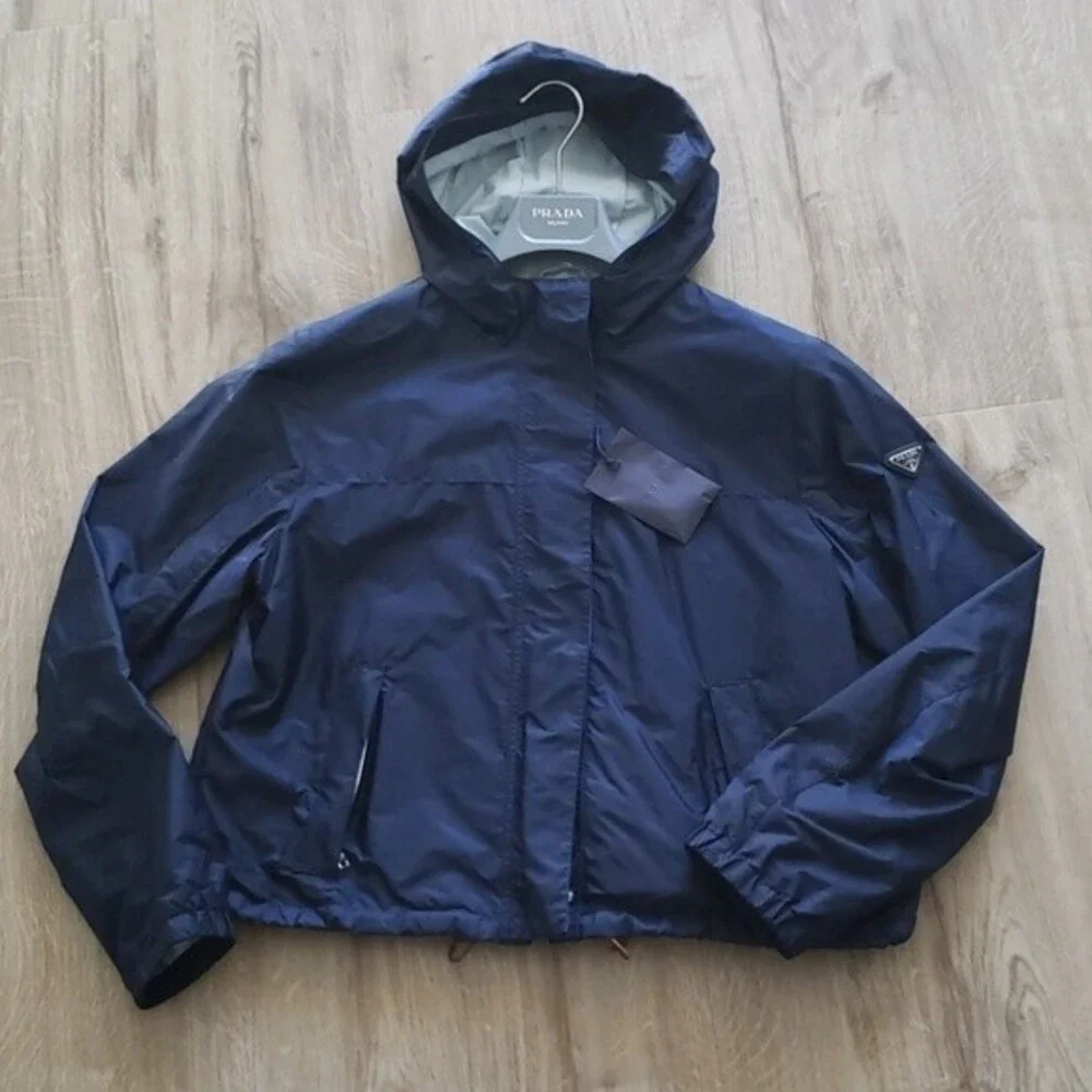 Prada Womens Navy Chic Feminine Edgy Luxury Tan Belted Windbreaker Size 46 - Picture 2 of 7